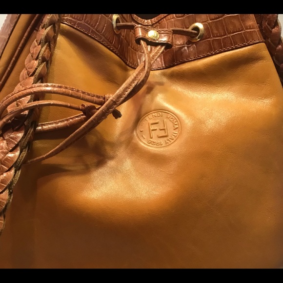 Auth Fendi Leather Croc Drawstring Hobo Bag XL - Picture 9 of 16